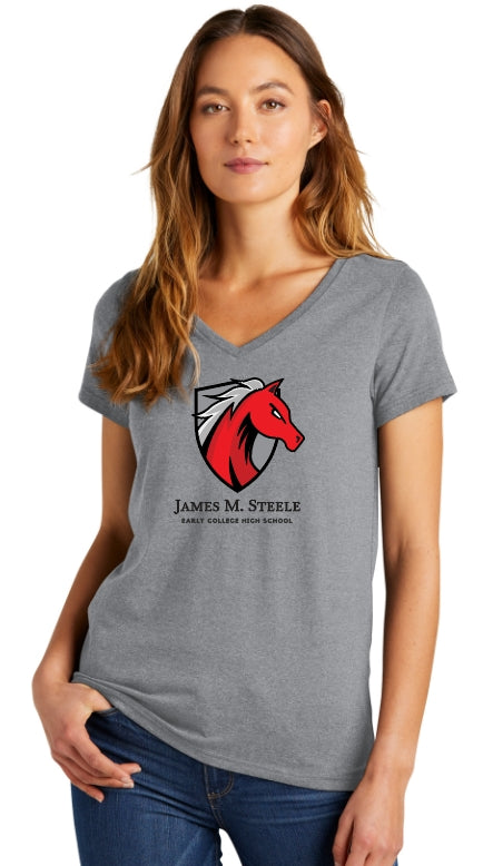 Steele Stallions Ladies V-Neck Logo T shirt - Gray